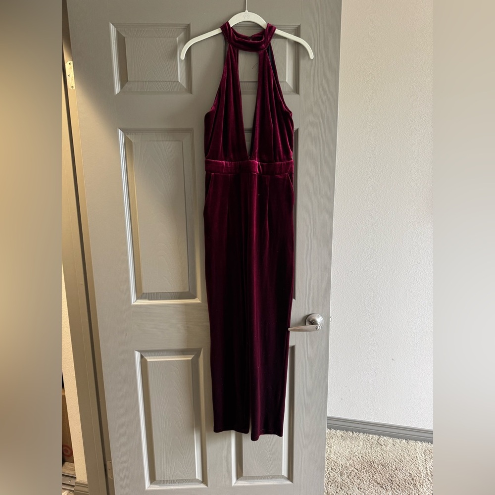 maroon velvet jumpsuit